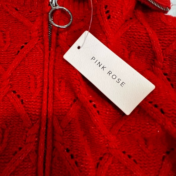 NWT Pink Rose Bright Orange Full Zip Cable Knit Collared Bell Sleeve Sweater. - Picture 7 of 12